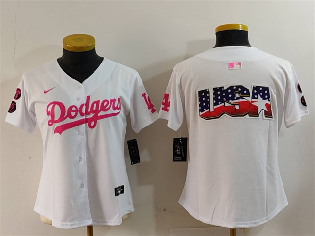 Youth Los Angeles Dodgers Team Big Logo White/Pink Vin & Kobe Patch Stitched Baseball Jersey